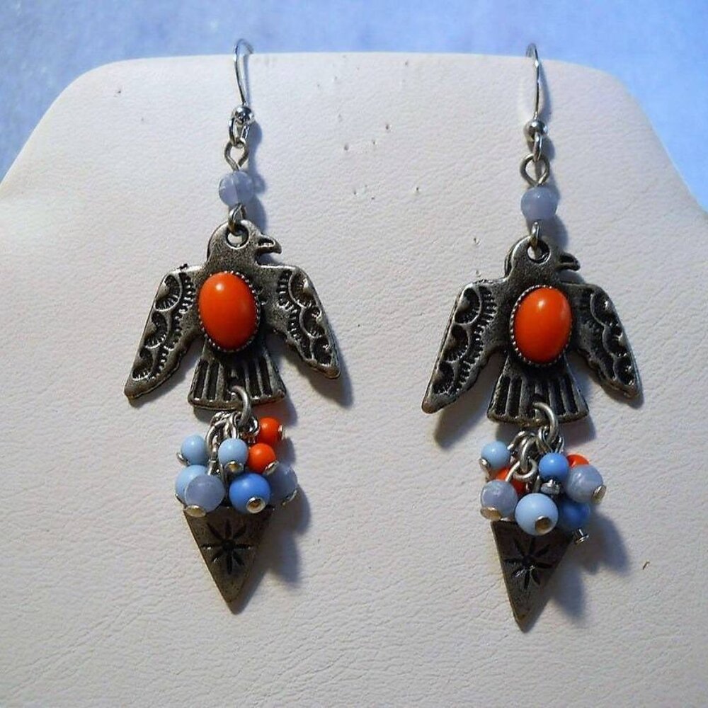 Western Native Indian Thunderbirds with Turquoise Coral Stones Dangle Earrings